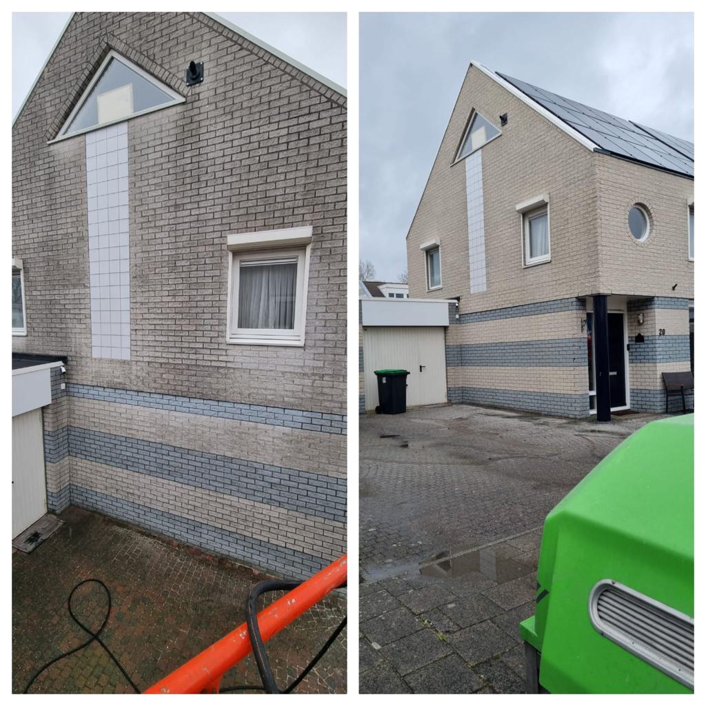 Stenen gevelreiniging 2 Stenen gevelreiniging before and after foto's met een hoogwerker