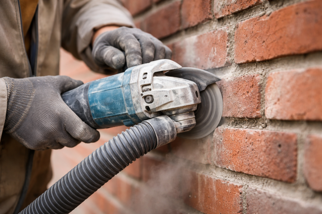 Voegen uitslijpen met een professionele slijpmachine in een bakstenen gevel, uitgevoerd door een vakman met stofafzuiging.