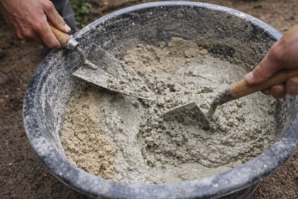 Aanmaken van voegmortel in een speciekuip met handgereedschap, waarbij zand, cement en water zorgvuldig worden gemengd.